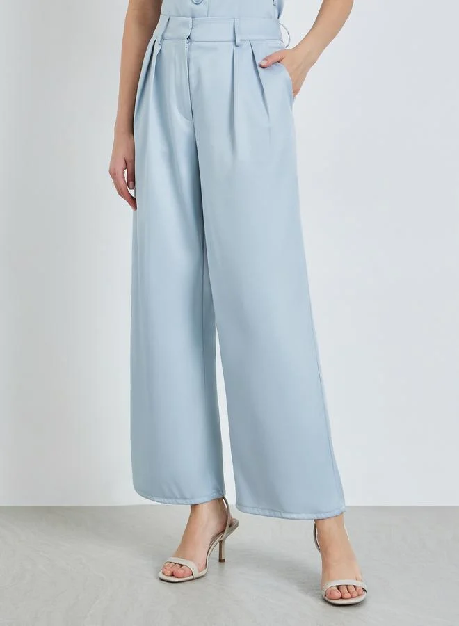 Styli Women Blue Fold Pleat Wide Leg Formal Pants
